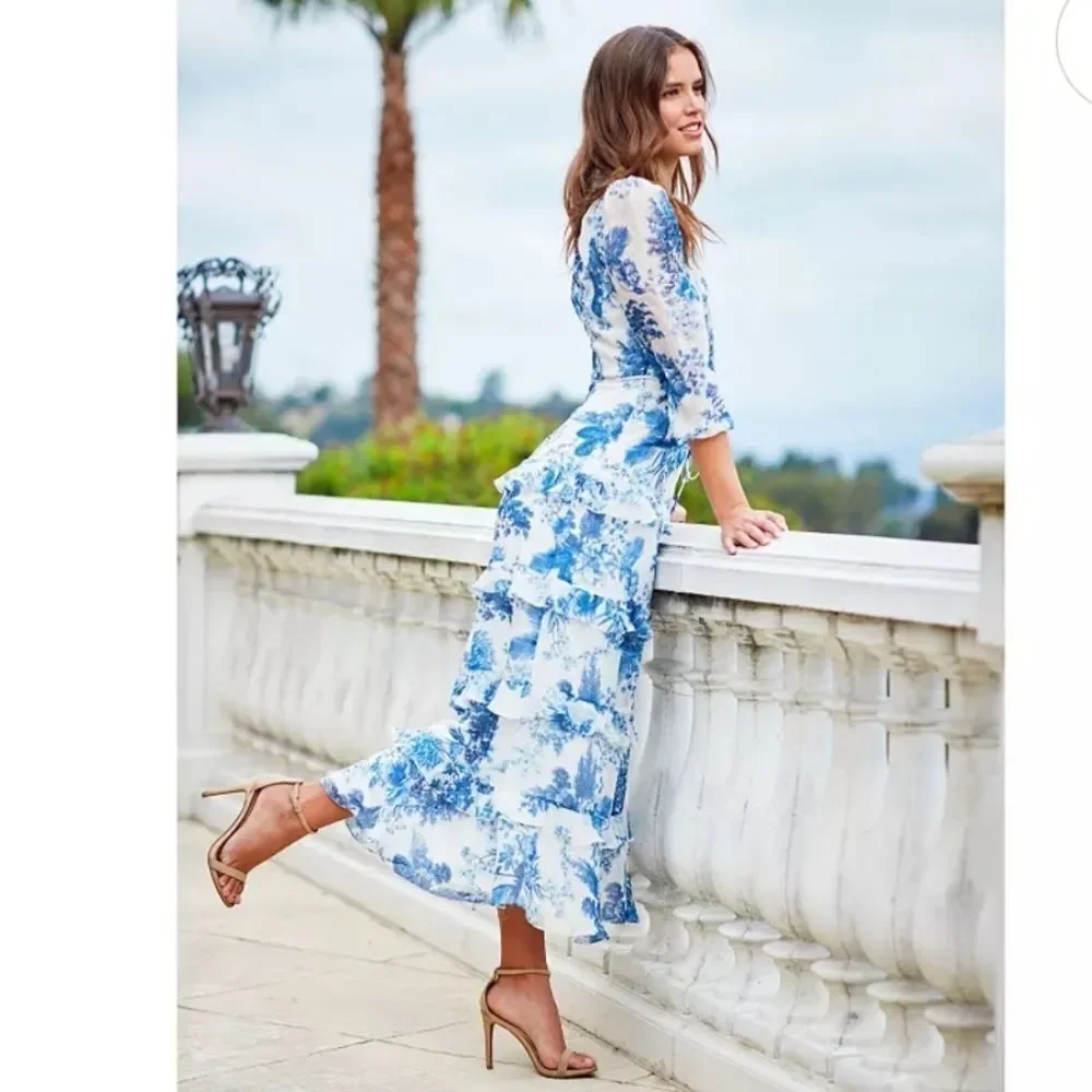 Women's Maison Tara Toile Surplice Tiered Ruffle Maxi DRESS - Picture 1 of 7